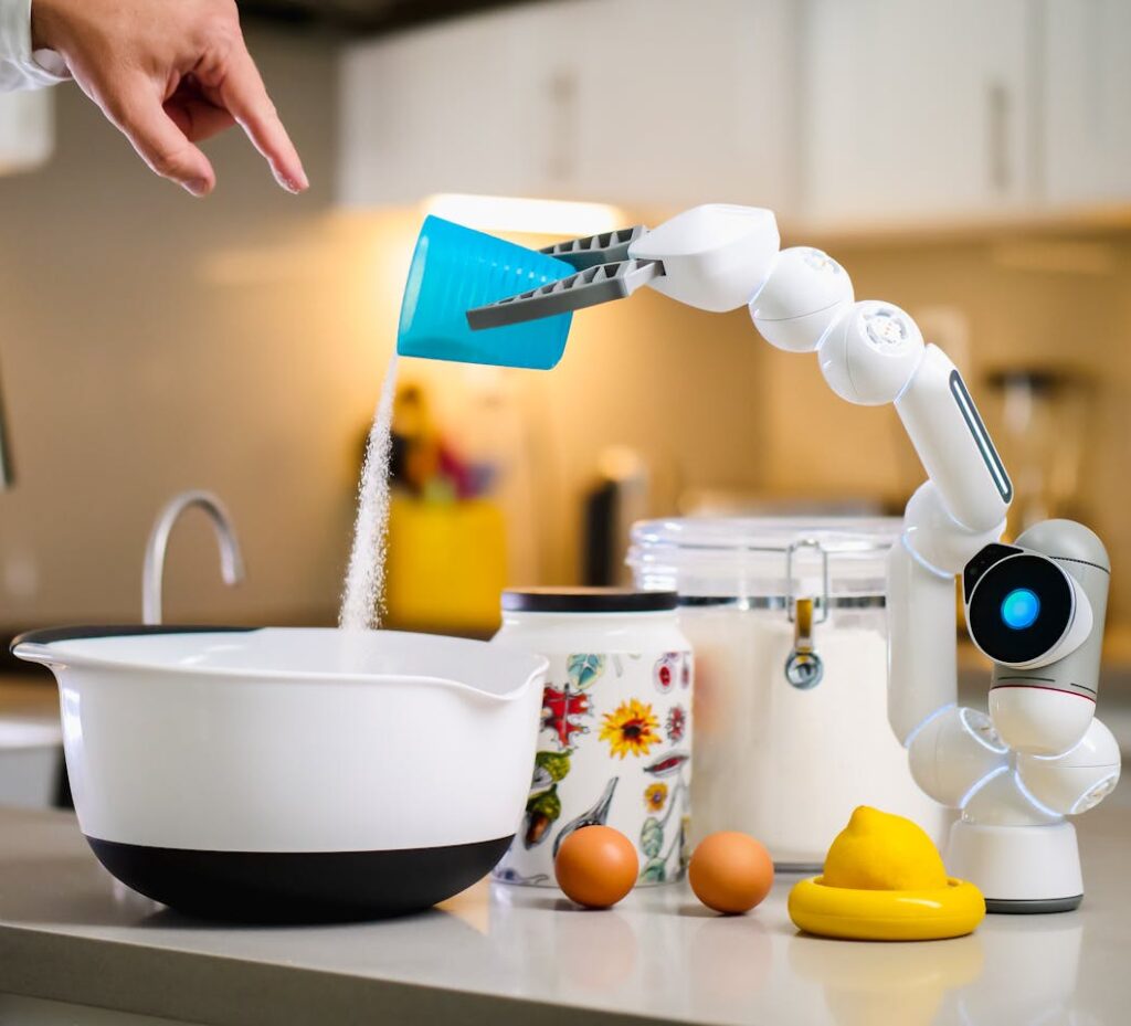 Robot Hand Pouring Flour into White Bowl